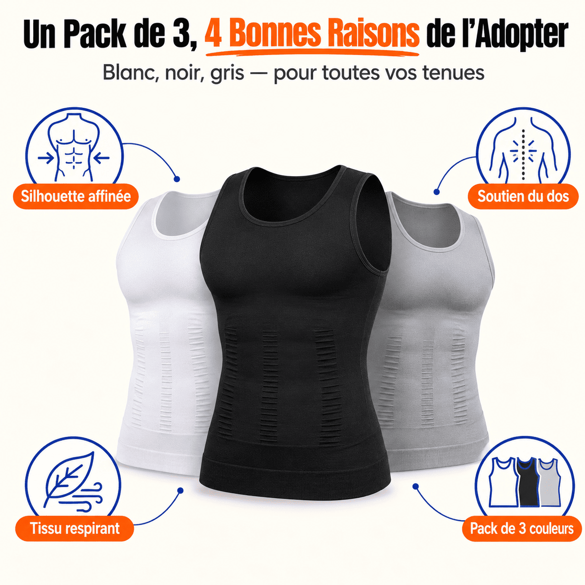 3 Débardeurs minceur (Blanc/Noir/Gris)